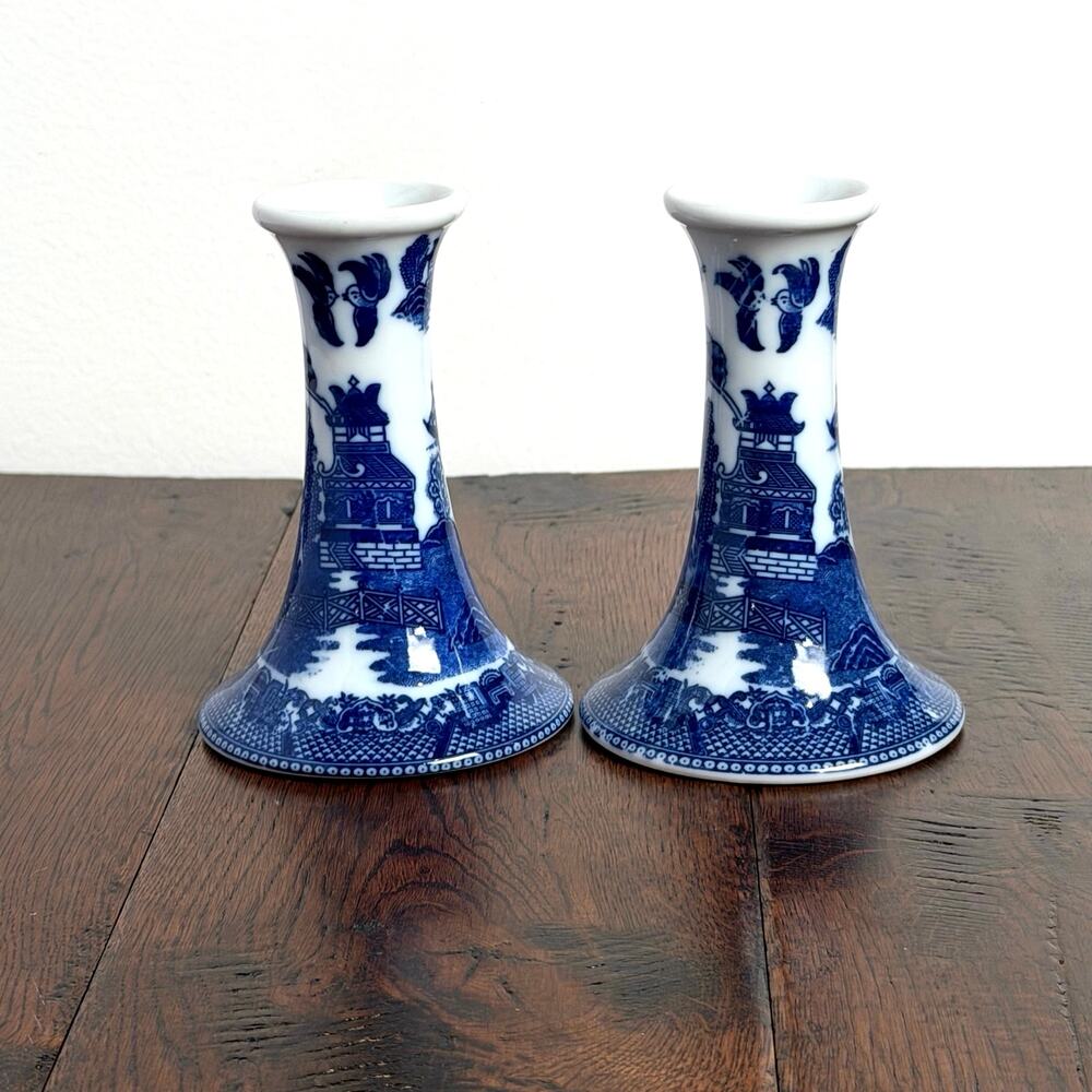 Vintage Willow Tree Taper Candle Holders Set of 2 | Blue Chinoiserie China